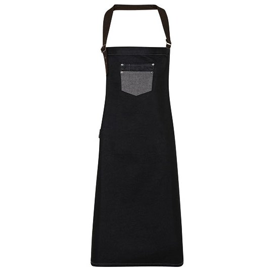 [1000226785] (PR136) Division Waxed Look Denim Bib Apron With Faux Leather [PW136] (Black Denim (ca. Pantone 433C))
