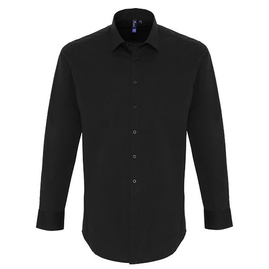 [1000268413] (PR244) Men´s Stretch Fit Poplin Long Sleeve Cotton Shirt [PW244] (XS, Black (ca. Pantone Black C))