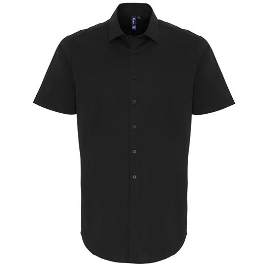 [1000268555] (PR246) Men´s Stretch Fit Poplin Short Sleeve Cotton Shirt [PW246] (XS, Black (ca. Pantone Black C))
