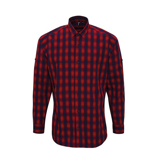 [1000226901] (PR250) Men´s Mulligan Check Cotton Long Sleeve Shirt [PW250] (S, Red / Navy (ca. Pantone 2378C))