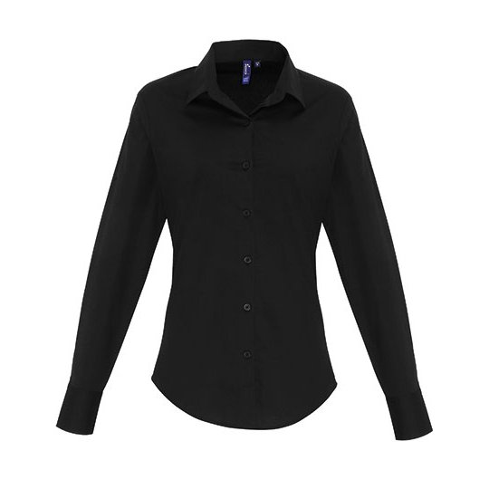 [1000268484] (PR344) Women´s Stretch Fit Poplin Long Sleeve Cotton Shirt [PW344] (XS, Black (ca. Pantone Black C))