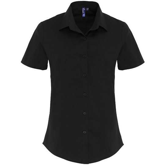 [1000268630] (PR346) Women´s Stretch Fit Poplin Short Sleeve Cotton Shirt [PW346] (XS, Black (ca. Pantone Black C))