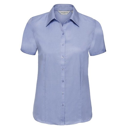 [1000203086] (R-963F-0) Ladies' Short Sleeve Tailored Herringbone Shirt [Z963F] (XS, Light Blue)