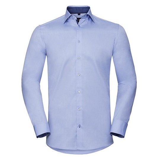 [1000254431] (R-964M-0) Men's Long Sleeve Tailored Contrast Herringbone Shirt [Z964] (S (37/38), Light Blue / Mid Blue / Bright Navy)