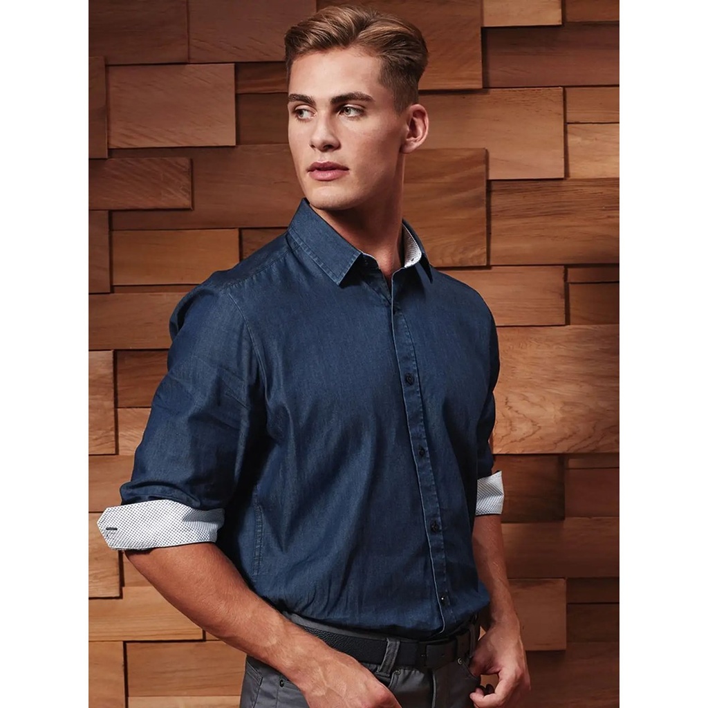 (PR259) Men's Denim-Pindot Long Sleeve Shirt