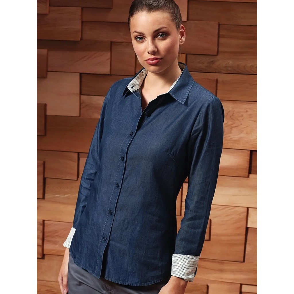 (PR359) Women's Denim-Pindot Long Sleeve Shirt