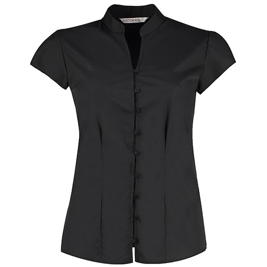 [1000097168] (KK727) Tailored Fit Mandarin Collar Poplin Blouse Cap Sleeve [K727] (34 (XS/8), Black)