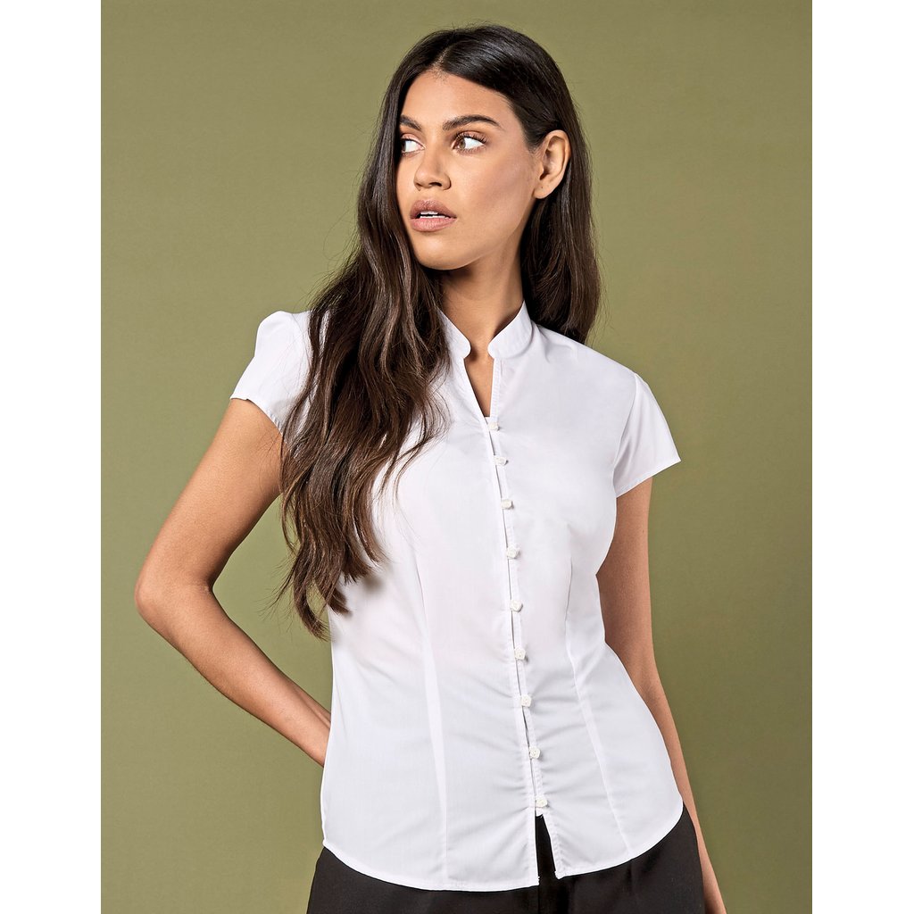 [K727] (KK727) Tailored Fit Mandarin Collar Poplin Blouse Cap Sleeve [K727]