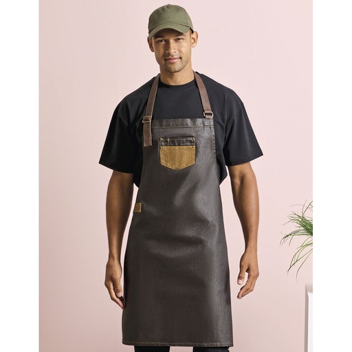 [PW136] (PR136) Division Waxed Look Denim Bib Apron With Faux Leather [PW136]