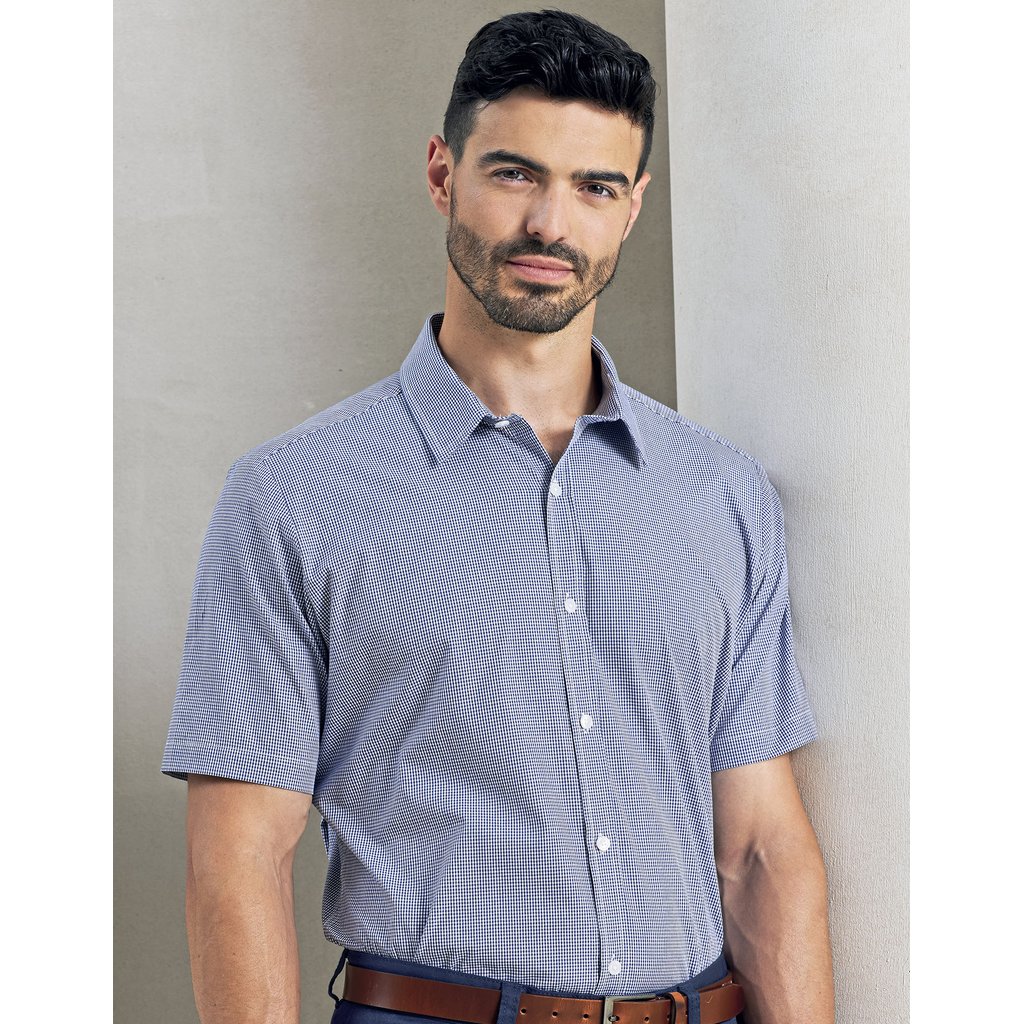 [PW221] (PR221) Men´s Microcheck (Gingham) Short Sleeve Cotton Shirt