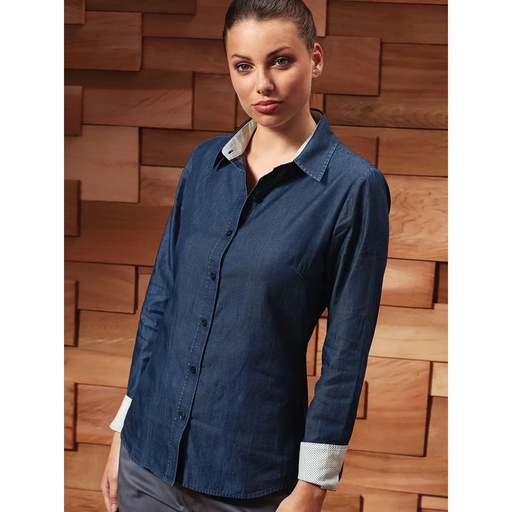 (PR359) Women's Denim-Pindot Long Sleeve Shirt